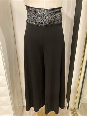 Jaipur Black Wide-Leg High-Waist Palazzo Pants Beaded Paisley Waistband